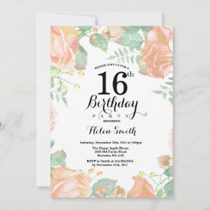 Botanical Peach Floral 16th Birthday Invitation