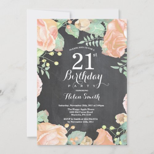 Botanical Peach Floral 21st Birthday Invitation