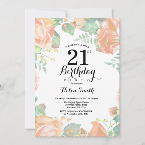 Botanical Peach Floral 21st Birthday Invitation