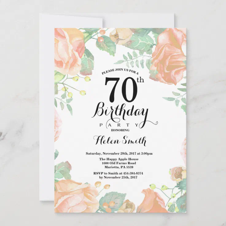 Botanical Peach Floral 70th Birthday Invitation | Zazzle