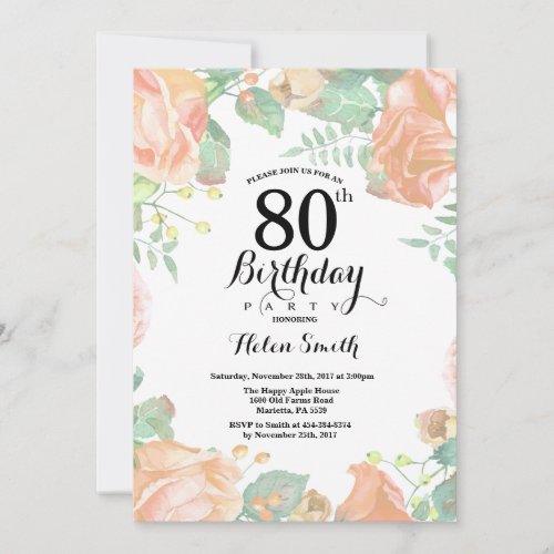 Botanical Peach Floral 80th Birthday Invitation