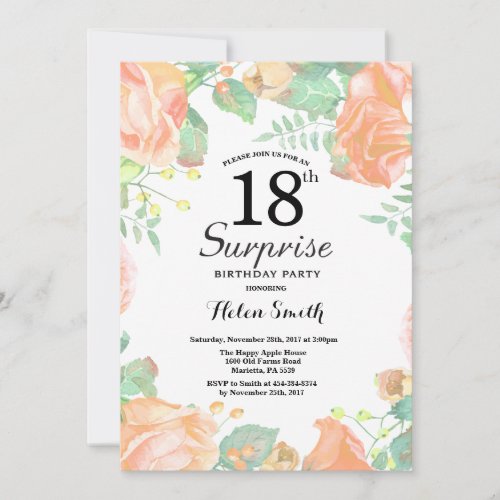 Botanical Peach Floral Surprise 18th Birthday Invitation