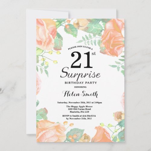 Botanical Peach Floral Surprise 21st Birthday Invitation