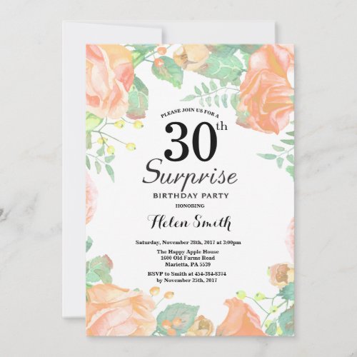 Botanical Peach Floral Surprise 30th Birthday Invitation