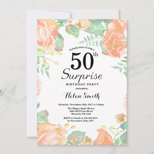Botanical Peach Floral Surprise 50th Birthday Invitation (Front)