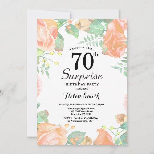 Botanical Peach Floral Surprise 70th Birthday Invitation