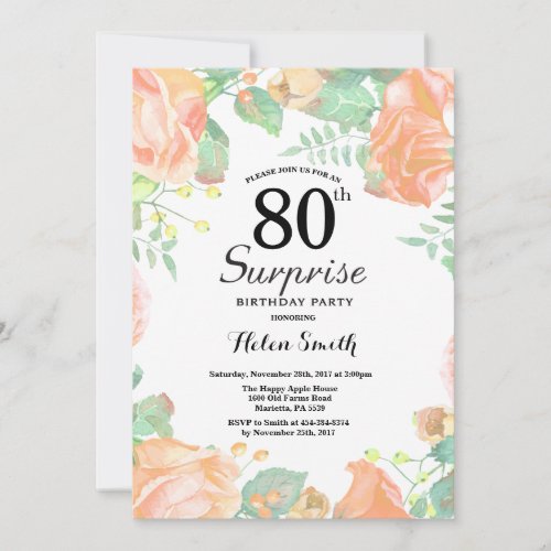 Botanical Peach Floral Surprise 80th Birthday Invitation