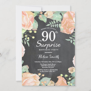 Botanical Peach Floral Surprise 90th Birthday Invitation