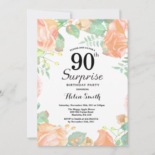 Botanical Peach Floral Surprise 90th Birthday Invitation