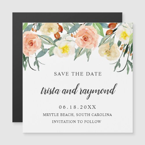 Botanical Peach Floral Watercolor Save the Date Magnetic Invitation