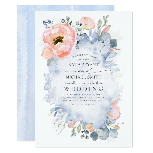 Botanical Peach Flowers Dusty Blue Wedding Invitation