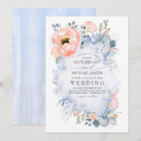 Botanical Peach Flowers Dusty Blue Wedding