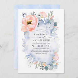 Botanical Peach Flowers Dusty Blue Wedding Invitation