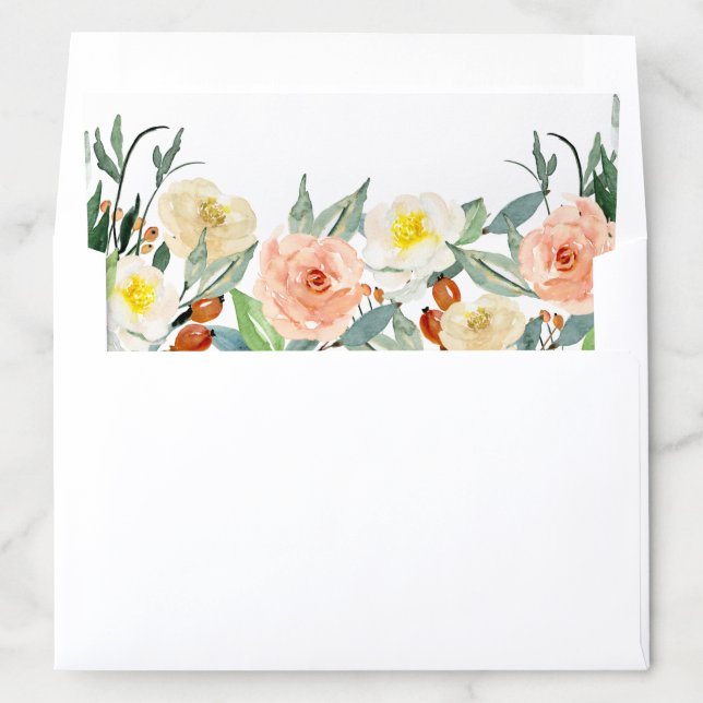 Botanical Peach Watercolor Roses Floral Wedding Envelope Liner (In Envelope)