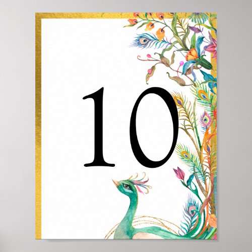 Botanical Peacock Floral Gold Table Number Poster