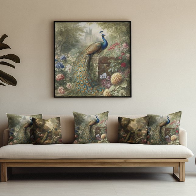 Botanical: peacock near castle in English garden  Canvas Print (Creator Uploaded)