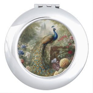 Botanical: peacock near castle in English garden Compact Mirror