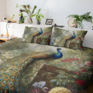 Botanical: peacock near castle in English garden Duvet Cover
