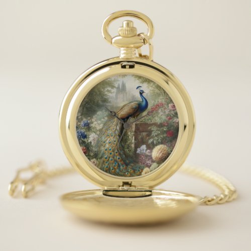 Botanical peacock near castle in English garden  Pocket Watch