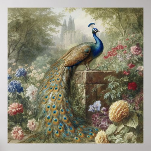 Botanical peacock near castle in English garden  Poster