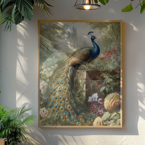 Botanical peacock near castle in English garden  Poster