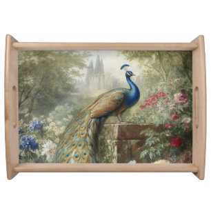 Botanical: peacock near castle in English garden Serving Tray
