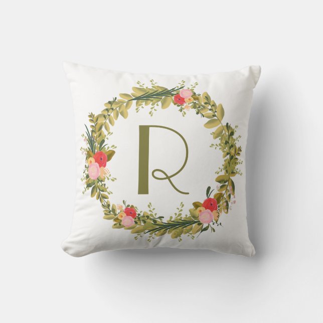 Botanical Peonies Floral Wreath Monogram Pillow (Front)