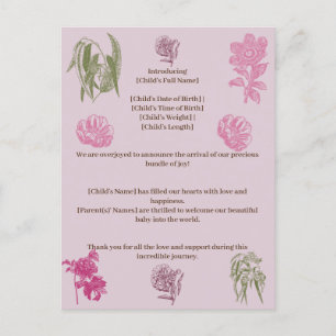 Botanical Peony Eucalyptus Girl Birth Announcement