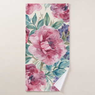 Botanical Peony Watercolor Lavender Blooms Floral Bath Towel