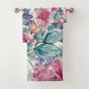 Botanical Peony Watercolor Lavender Blooms Floral Bath Towel Set
