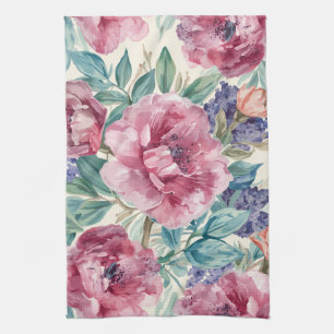 Botanical Peony Watercolor Lavender Blooms Floral Kitchen Towel