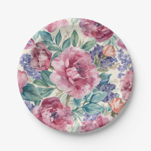 Botanical Peony Watercolor Lavender Blooms Floral Paper Plates