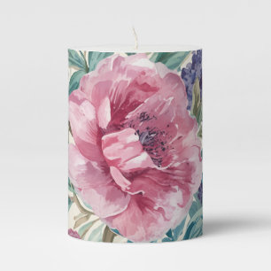 Botanical Peony Watercolor Lavender Blooms Floral Pillar Candle