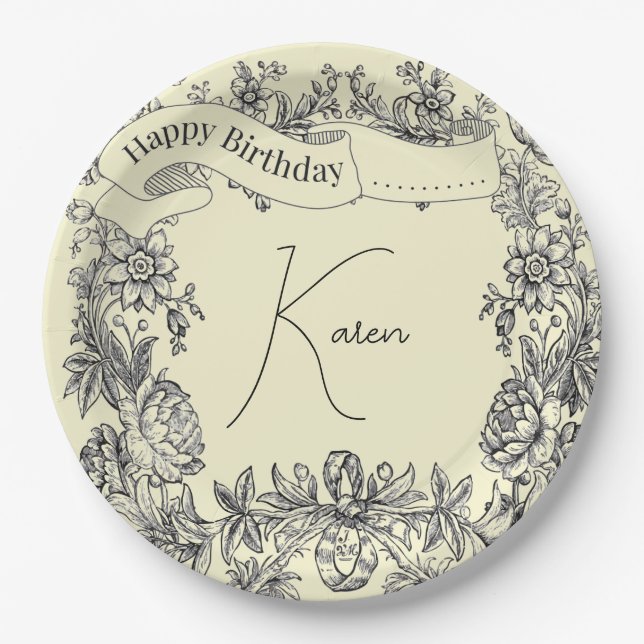Botanical Personalized Name Floral Calligraphy Paper Plates (Front)