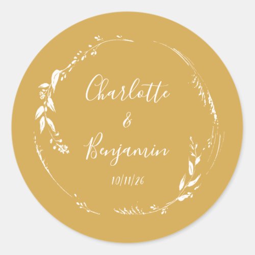 Botanical Personalized Script Wedding Names Yellow Classic Round Sticker
