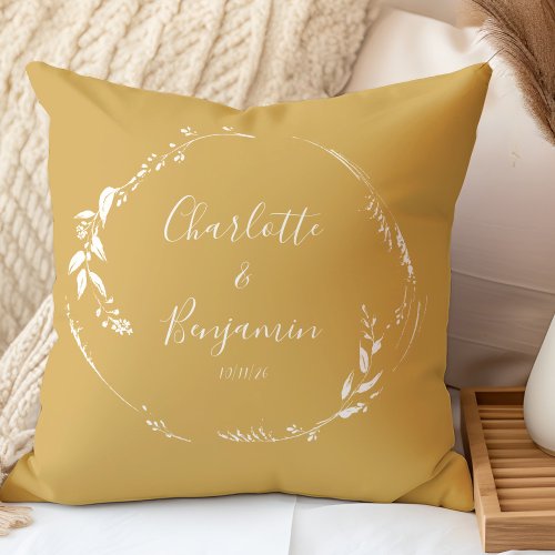 Botanical Personalized Script Wedding Names Yellow Throw Pillow