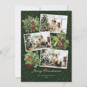 Botanical Photo Collage Green Merry Christmas Card