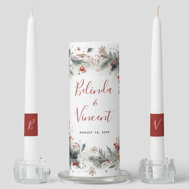 Botanical Pine Holiday Wedding Unity Candle Set (Front)