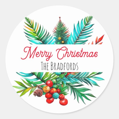 Botanical Pine Merry Christmas Personalized Classic Round Sticker