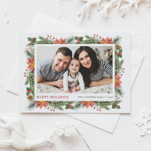 Botanical Pine Needles and Poinsettia Photo Holiday Postcard