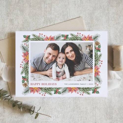 Botanical Pine Needles and Poinsettias Frame Photo Holiday Card