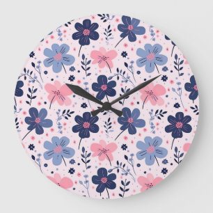 Botanical Pink And Blue Flowers Nature Print Large Clock