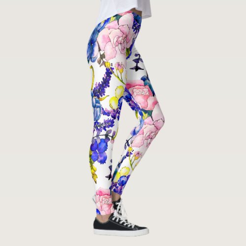 Botanical Pink and Blue Roses Print_All_Over Leggings