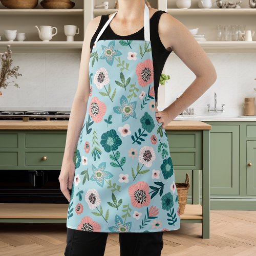 Botanical Pink And Blue Spring Garden Floral Apron