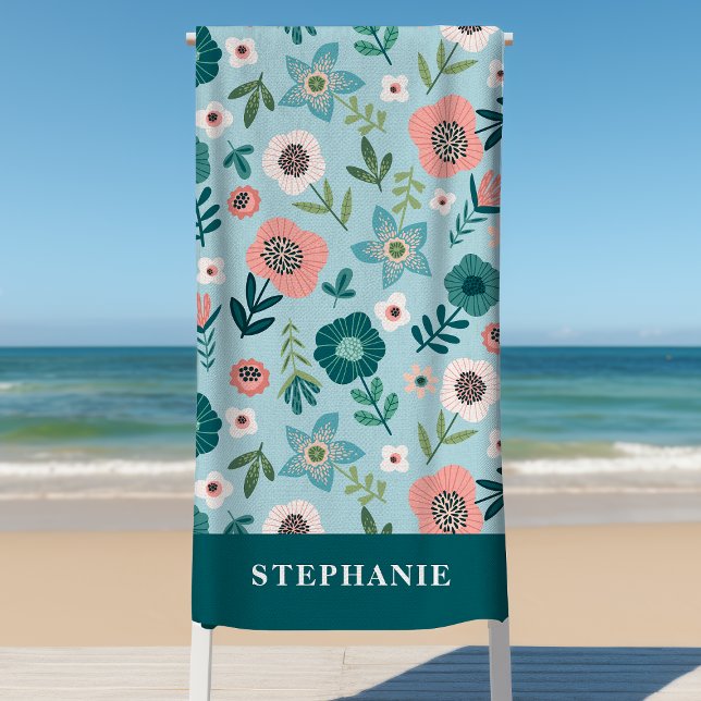 Botanical Pink And Blue Spring Garden Personalized Beach Towel (Creator Uploaded)