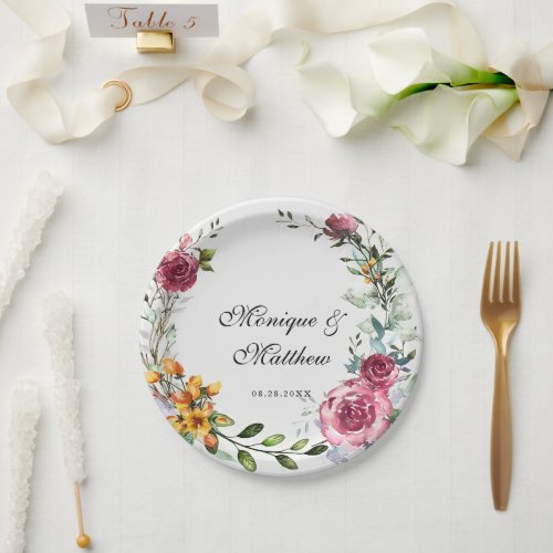 Botanical Pink and Burgundy Floral Wedding Paper Plates