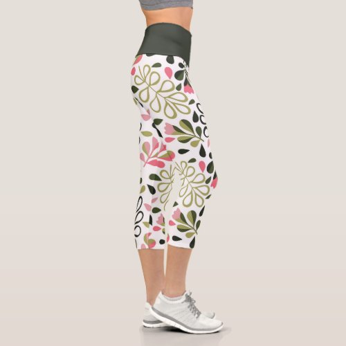 Botanical Pink And Green Flowers Floral Pattern Capri Leggings