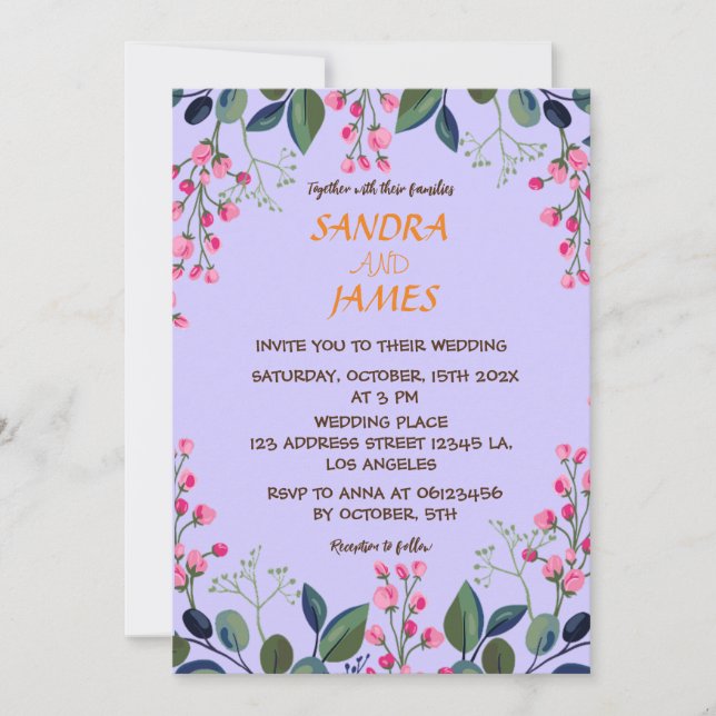 Botanical pink and green flowers invitation (Front)