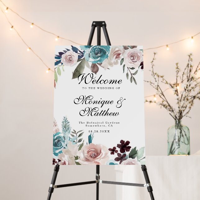 Botanical Pink and Teal Peony Wedding Welcome Foam Board (In Situ (Stand))