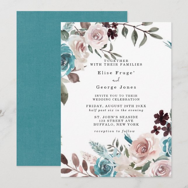 Botanical Pink and Teal Watercolor Peony Wedding  Invitation (Front/Back)